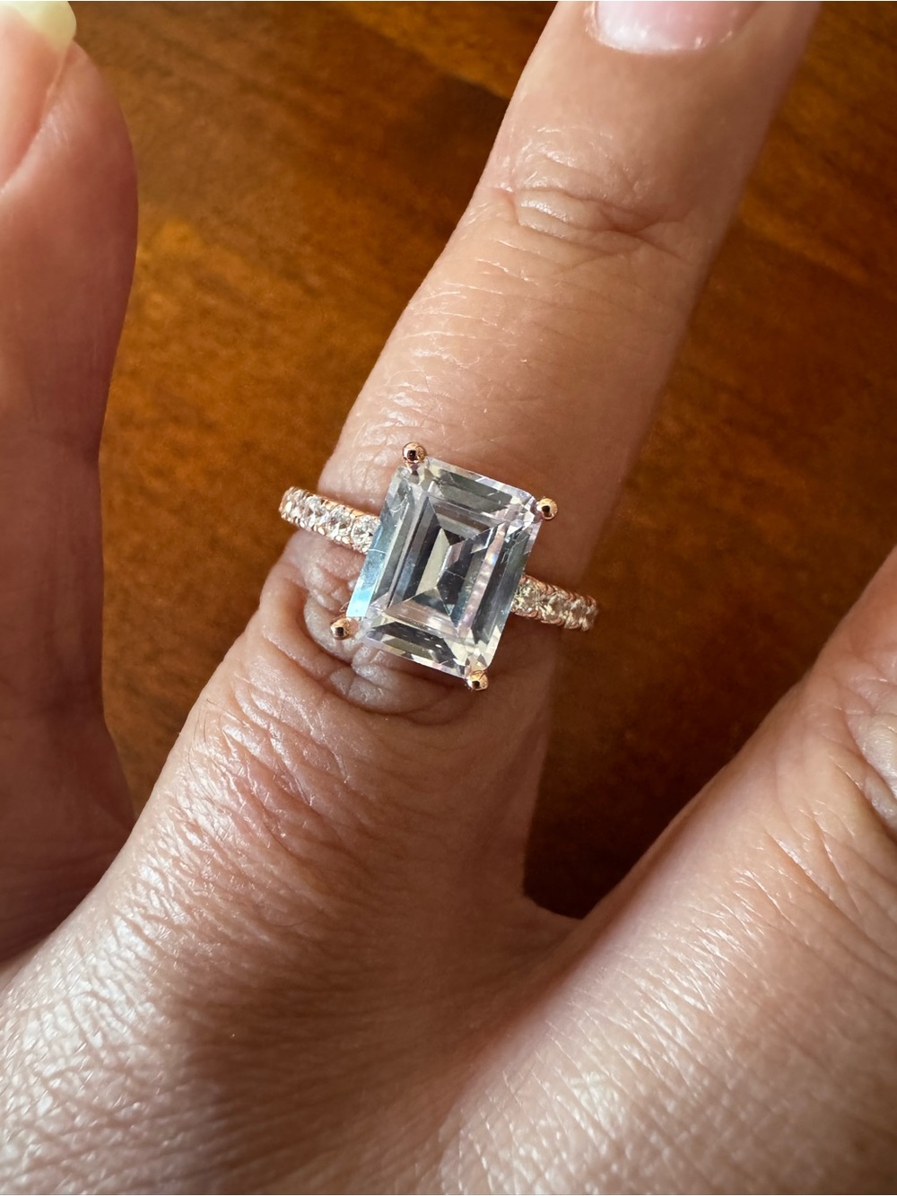 Diamonique Sterling Silver, Rose Gold Plated Emerald-Cut with Pave Shoulders - Picture 3 of 7